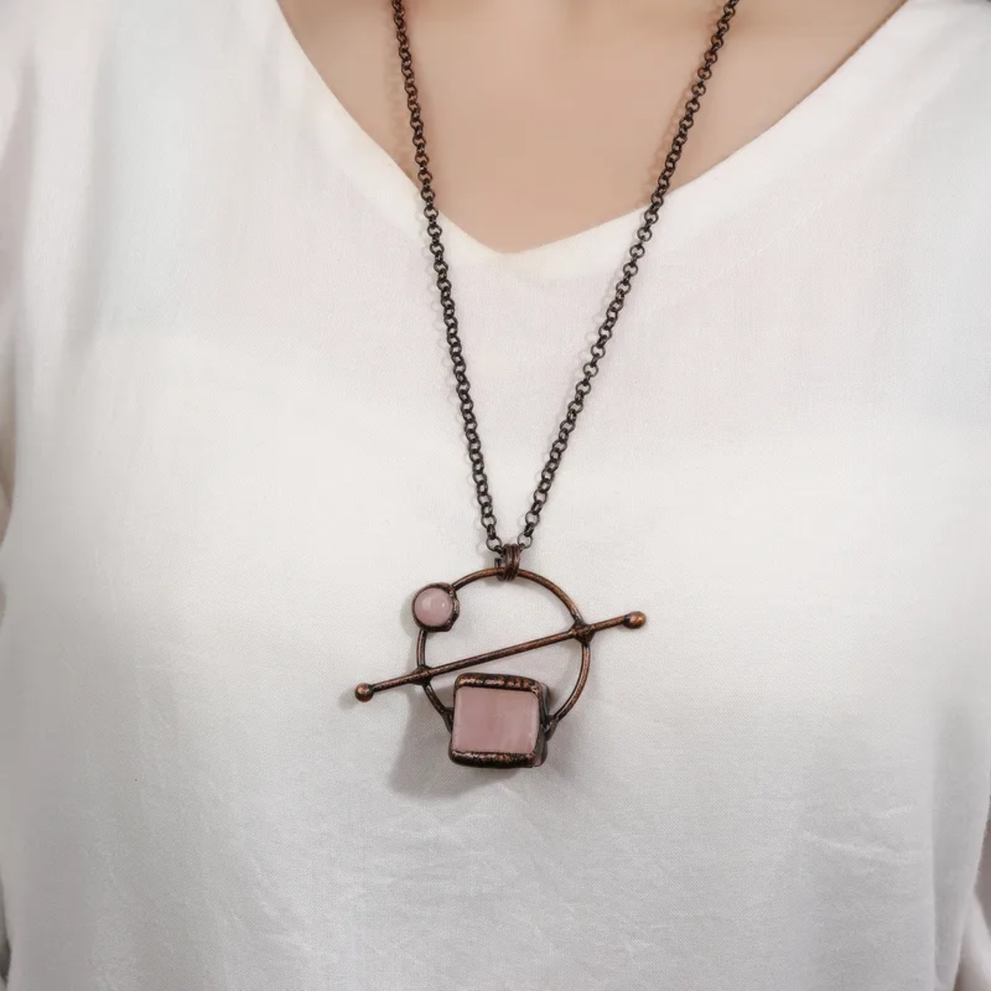 Abstract Rose Quartz Cube Crystal Copper Necklace