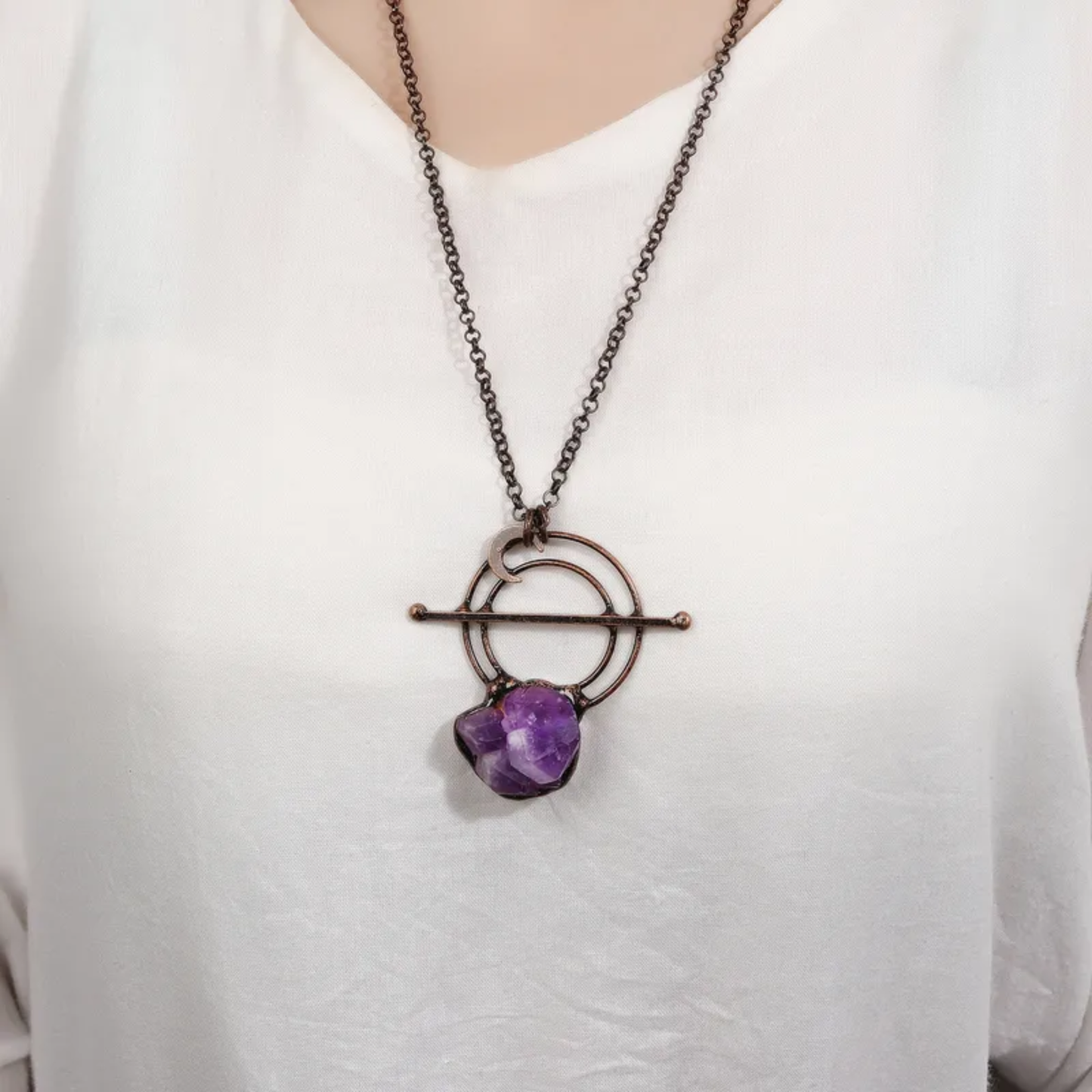 Amethyst Crystal Moon Pendant Necklace – Copper Natural Stone Jewelry