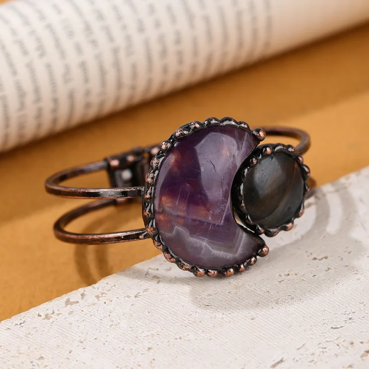 Moon-Inspired Natural Stone Copper Bangle – Handmade Crystal Bracelet