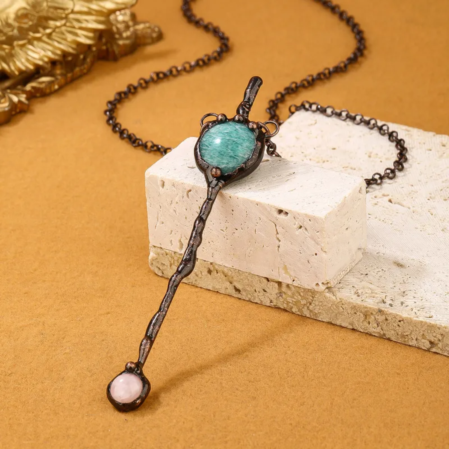 Amazonite & Rose Quartz Pendant Necklace – Natural Stone Copper Jewelry