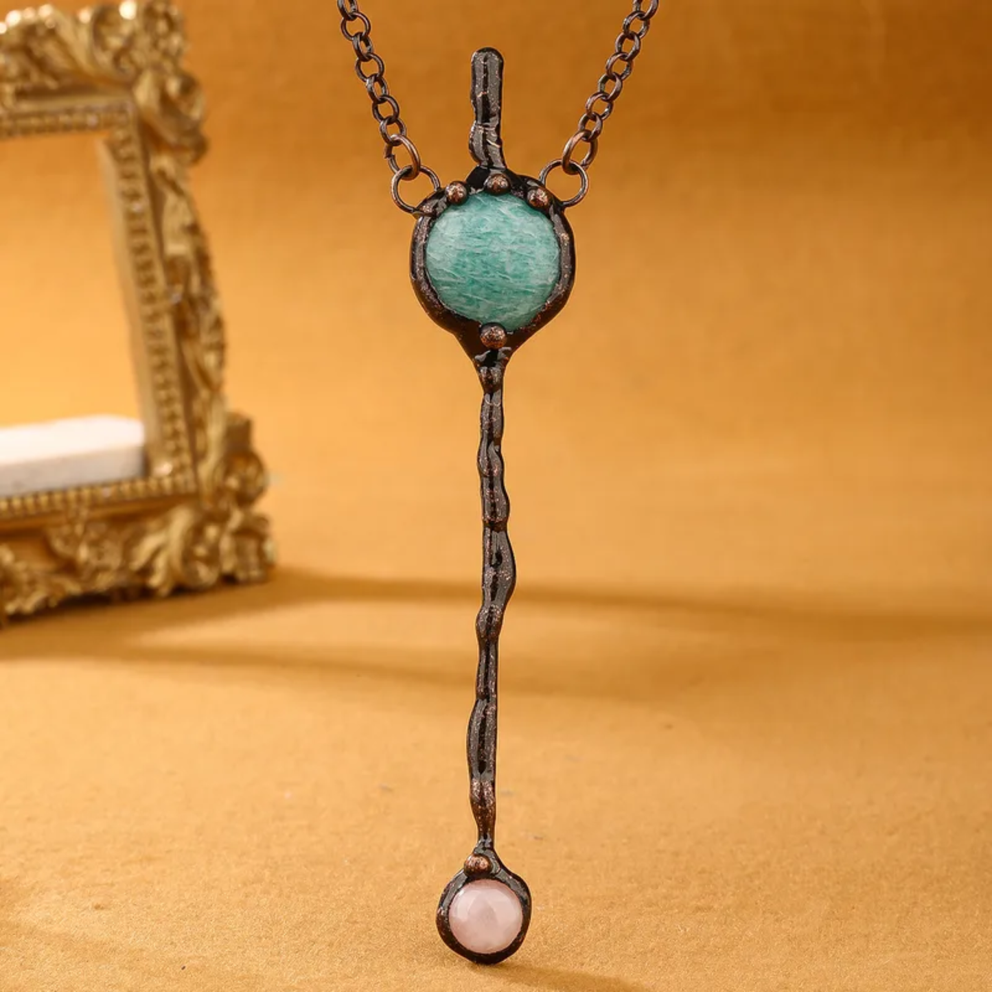 Amazonite & Rose Quartz Pendant Necklace – Natural Stone Copper Jewelry