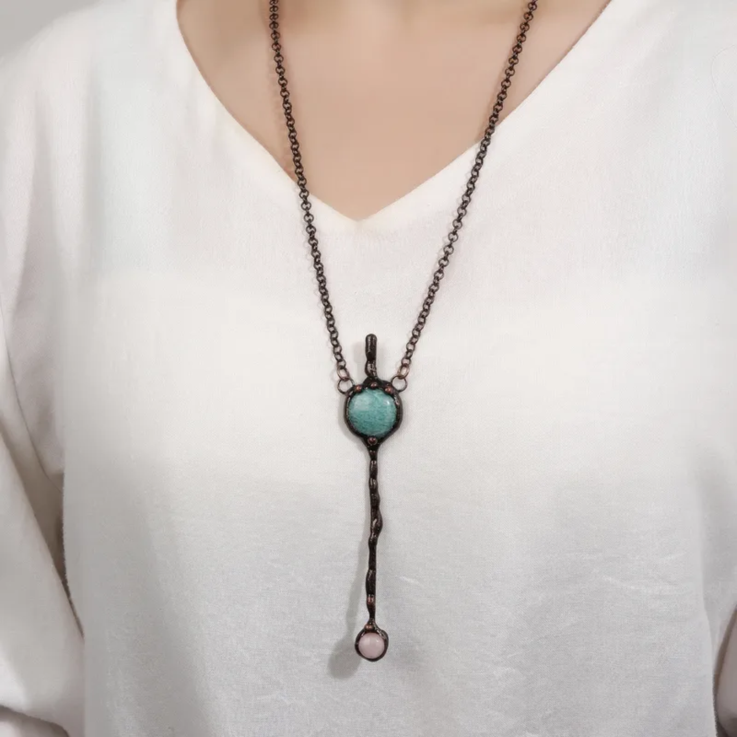 Amazonite & Rose Quartz Pendant Necklace – Natural Stone Copper Jewelry