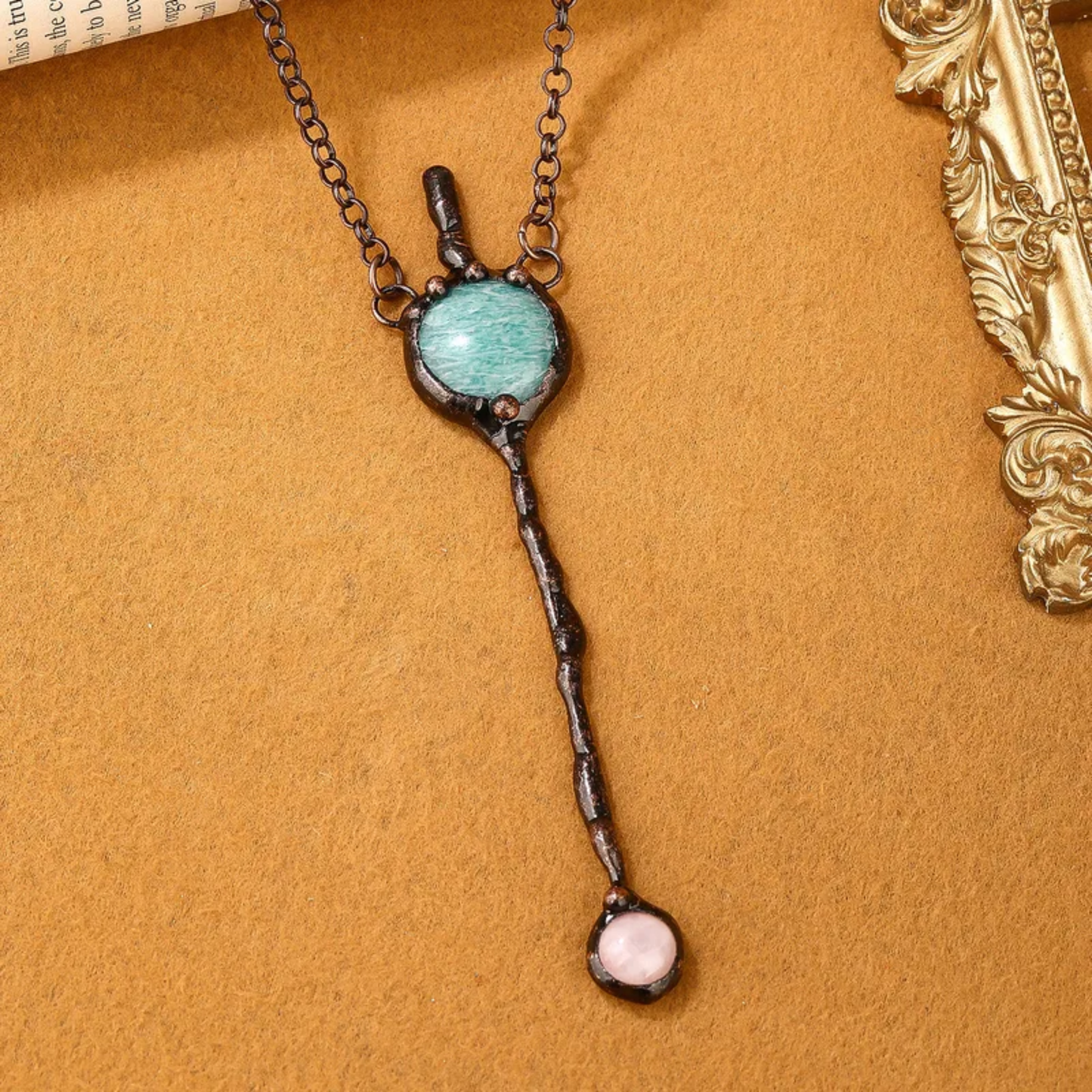 Amazonite & Rose Quartz Pendant Necklace – Natural Stone Copper Jewelry