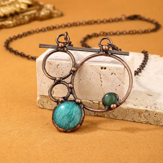 Abstract Amazonite/Green Aventurine Copper Geometric Statement Pendant