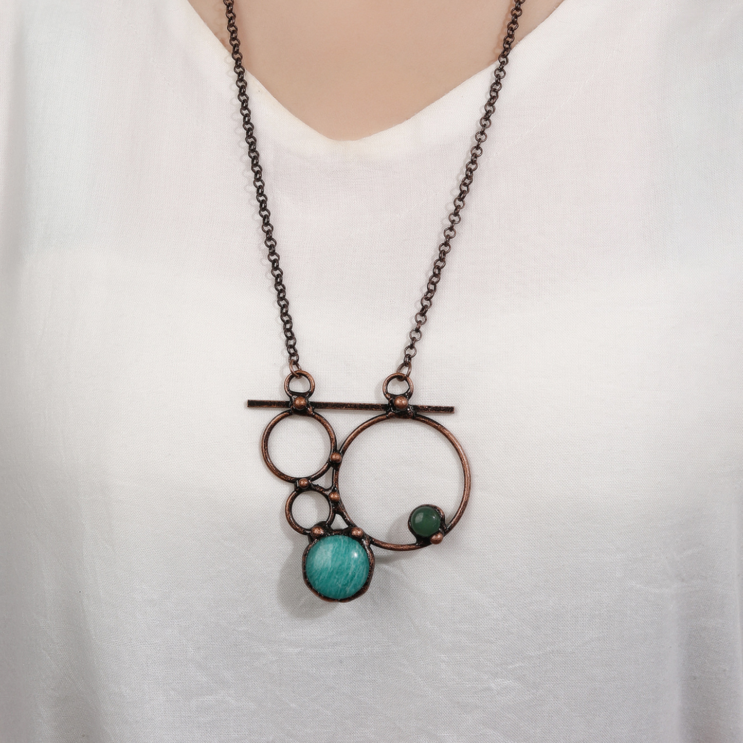 Abstract Amazonite/Green Aventurine Copper Geometric Statement Pendant