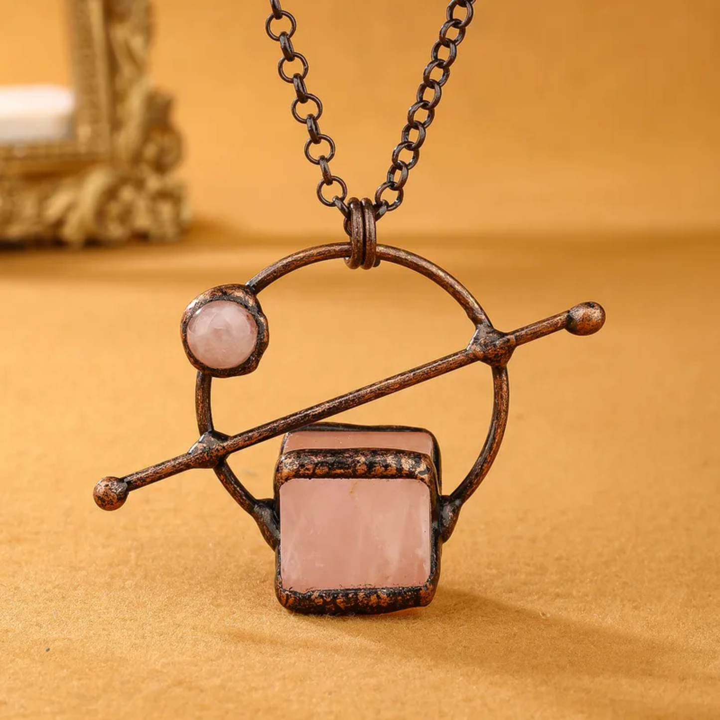 Abstract Rose Quartz Cube Crystal Copper Necklace