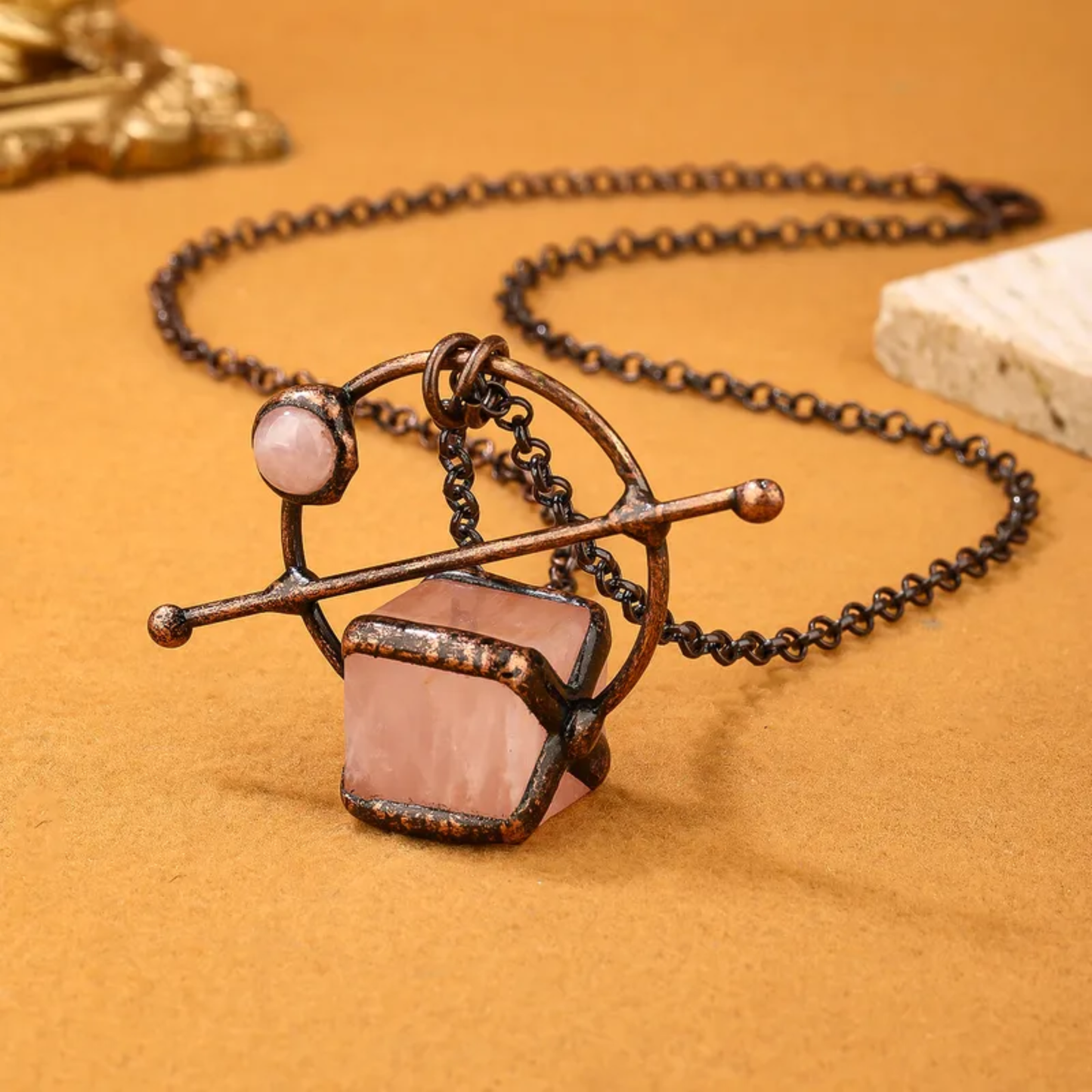 Abstract Rose Quartz Cube Crystal Copper Necklace