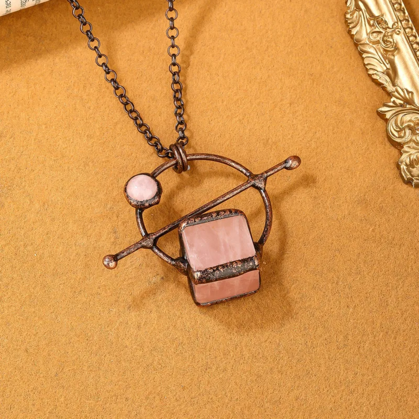 Abstract Rose Quartz Cube Crystal Copper Necklace
