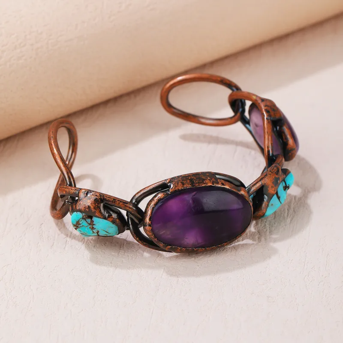Baroque Irregular Crystal Copper Bangle – Turquoise & Amethyst Vintage Statement Bracelet