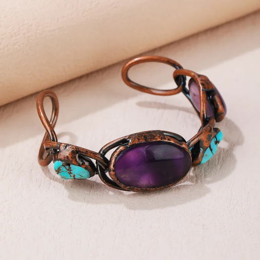 Baroque Irregular Crystal Copper Bangle – Turquoise & Amethyst Vintage Statement Bracelet