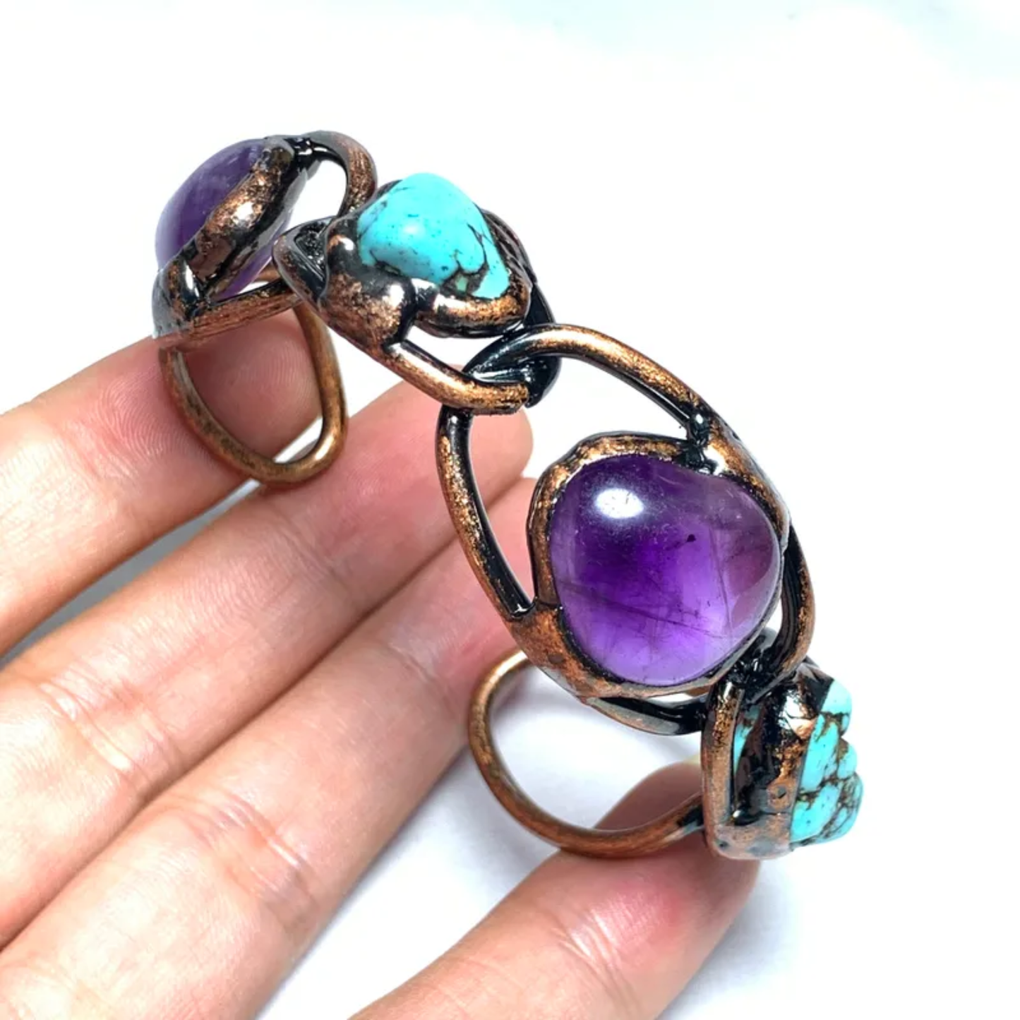 Baroque Irregular Crystal Copper Bangle – Turquoise & Amethyst Vintage Statement Bracelet