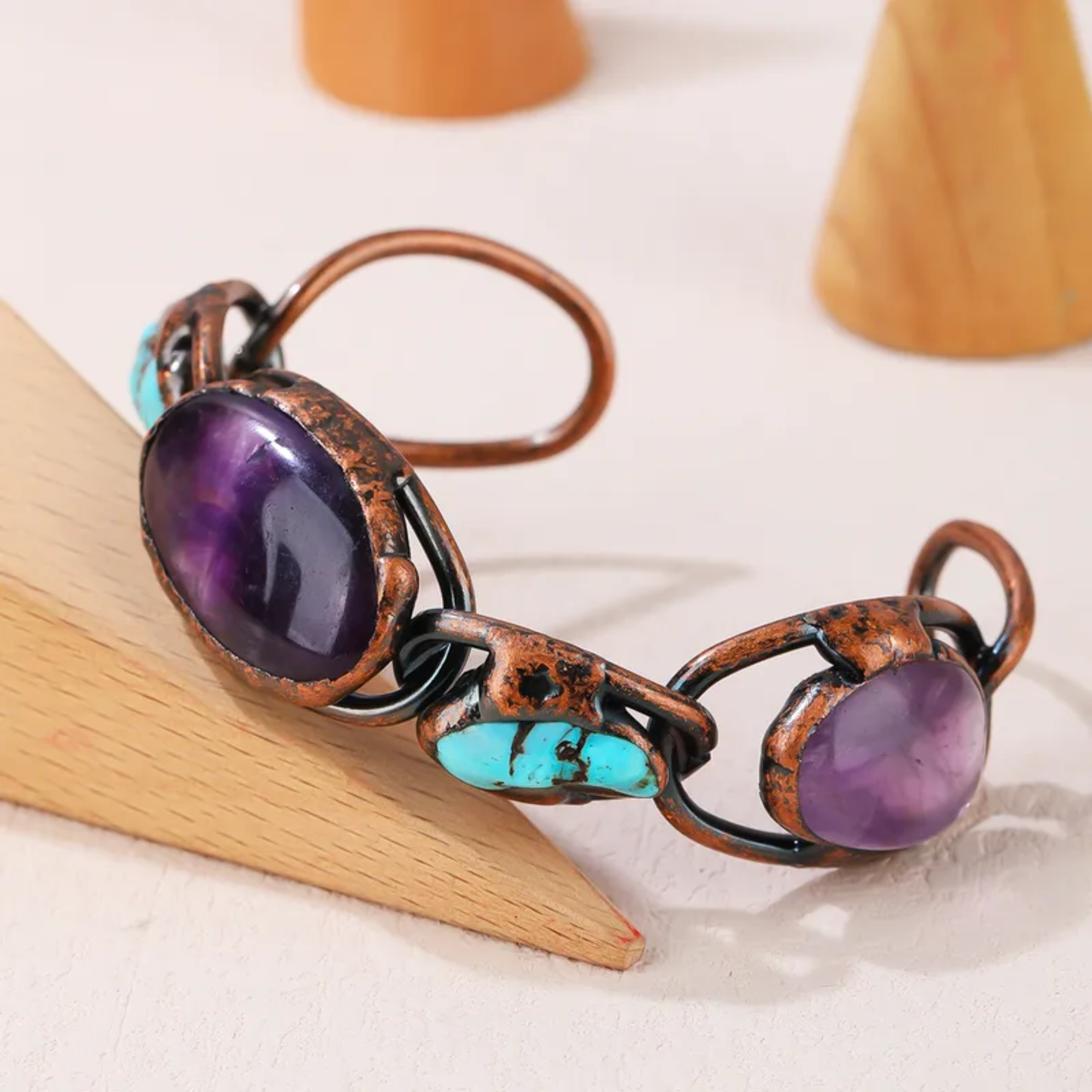 Baroque Irregular Crystal Copper Bangle – Turquoise & Amethyst Vintage Statement Bracelet