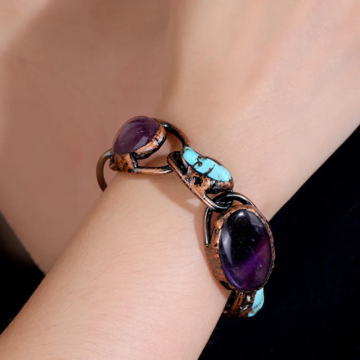 Baroque Irregular Crystal Copper Bangle – Turquoise & Amethyst Vintage Statement Bracelet