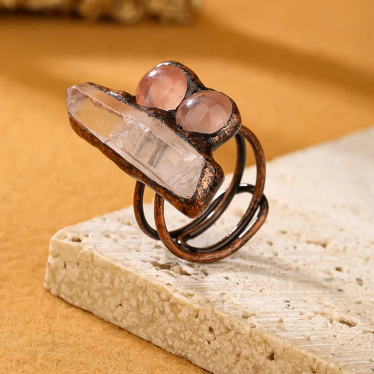 Asymmetrical Crystal Open Ring – Handmade Copper Adjustable Ring