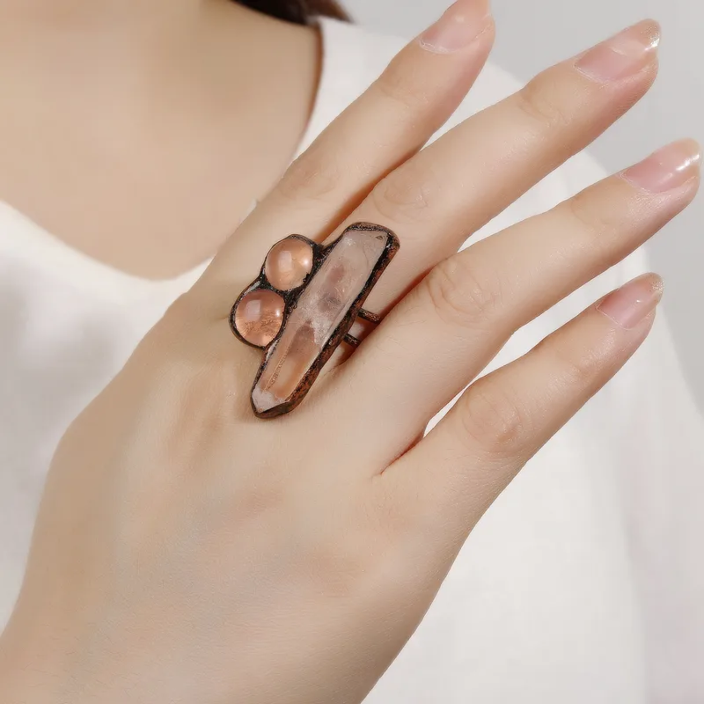 Asymmetrical Crystal Open Ring – Handmade Copper Adjustable Ring