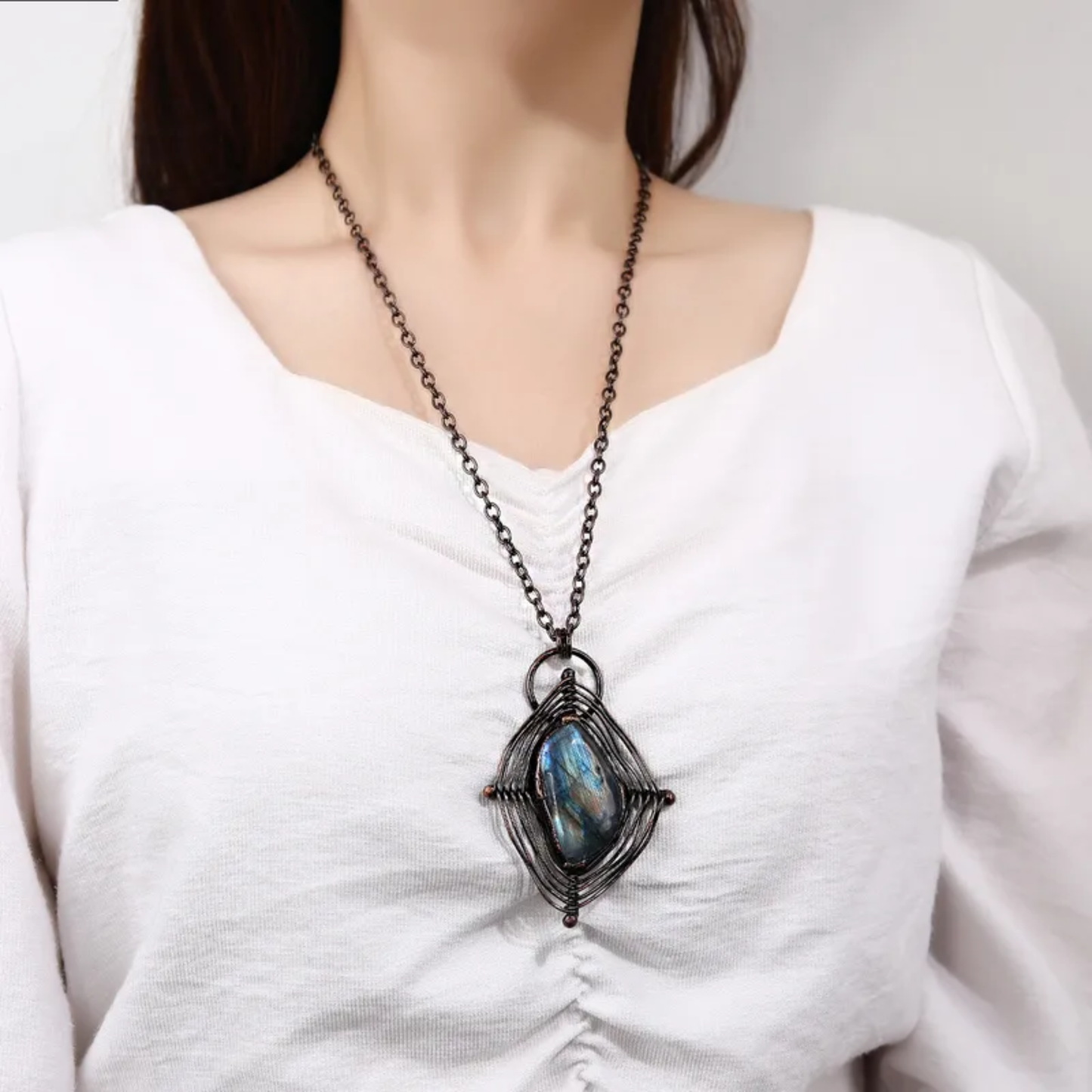 Geometric Labradorite Pendant Necklace – Copper Ethnic Style Jewelry