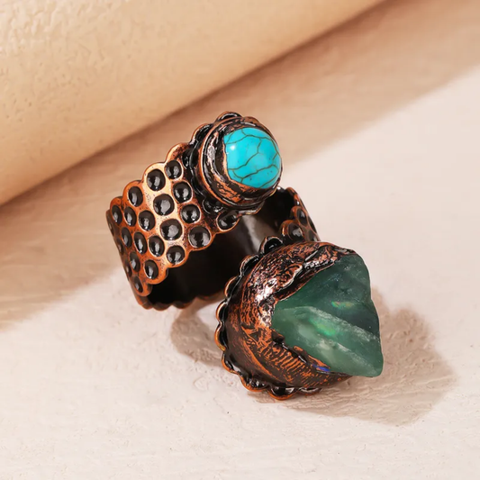 Snakeskin Green Fluorite Open Ring – Asymmetrical Copper Statement Ring