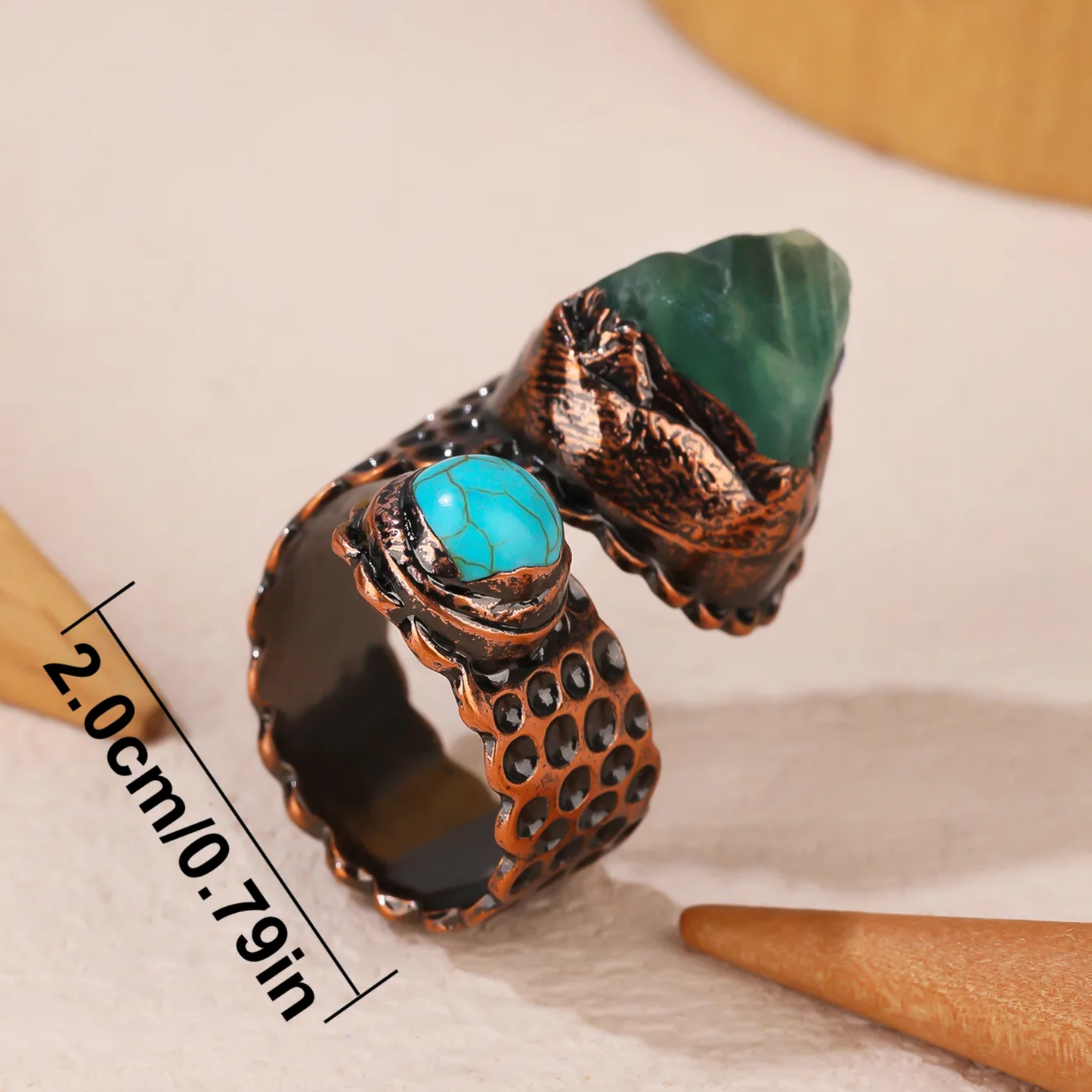 Snakeskin Green Fluorite Open Ring – Asymmetrical Copper Statement Ring