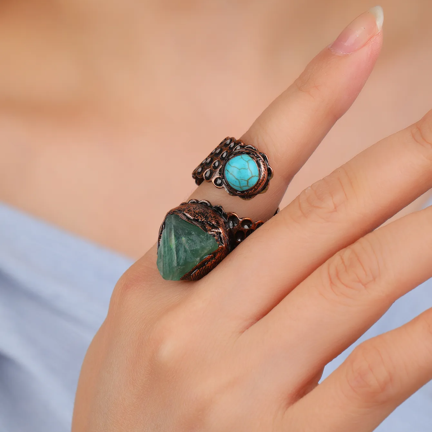 Snakeskin Green Fluorite Open Ring – Asymmetrical Copper Statement Ring