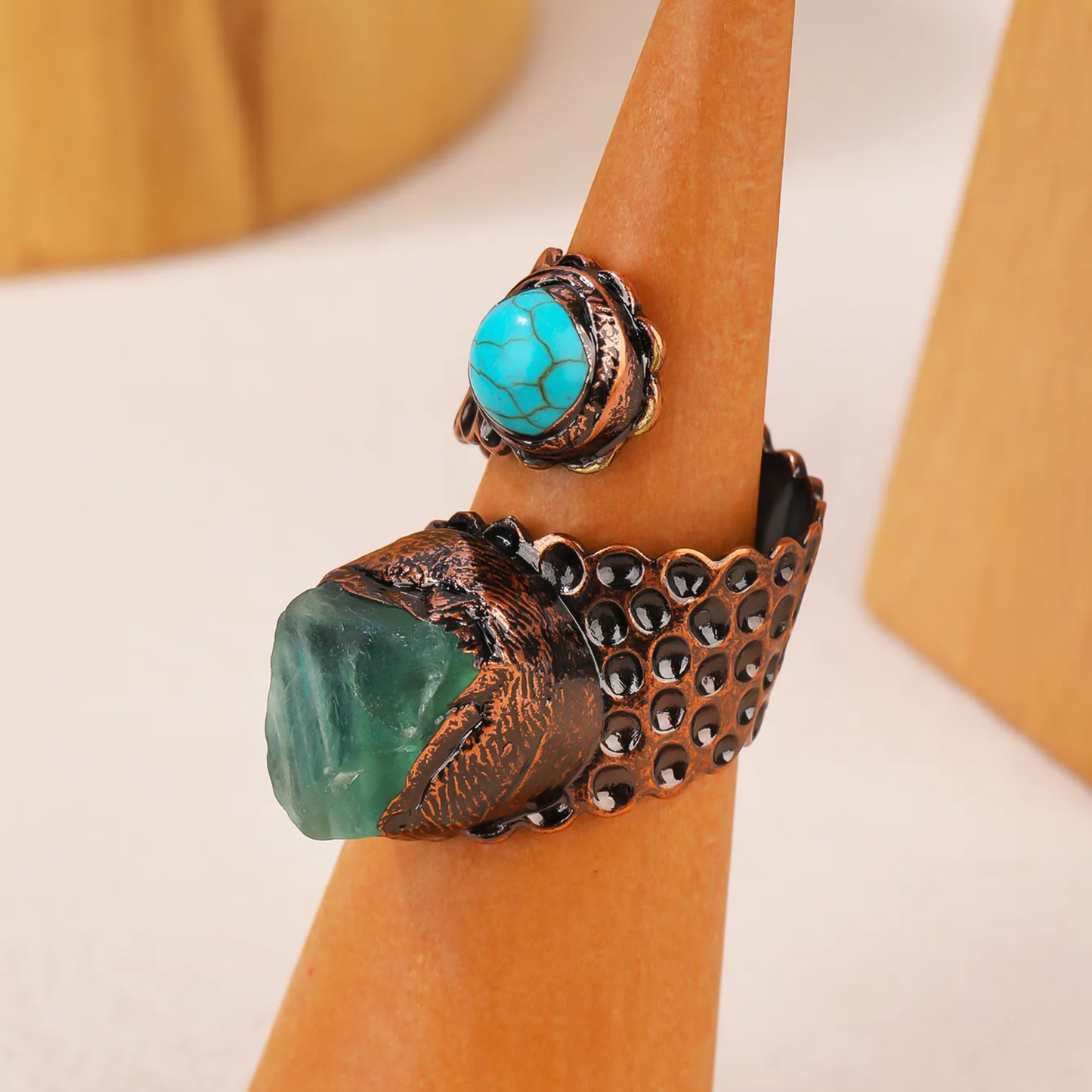 Snakeskin Green Fluorite Open Ring – Asymmetrical Copper Statement Ring