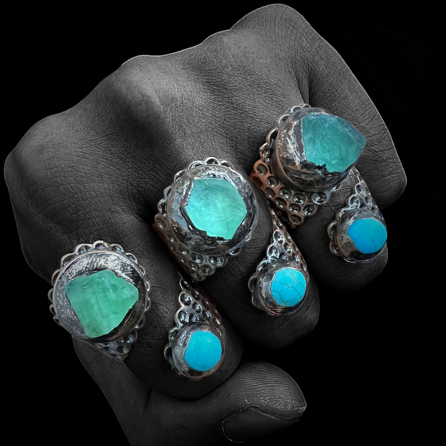 Snakeskin Green Fluorite Open Ring – Asymmetrical Copper Statement Ring