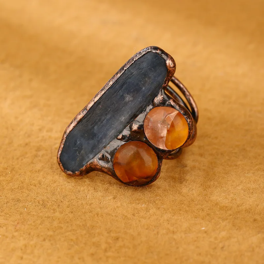 Blue Kyanite/Agate Crystal Open Ring – Handmade Copper Adjustable Statement Ring