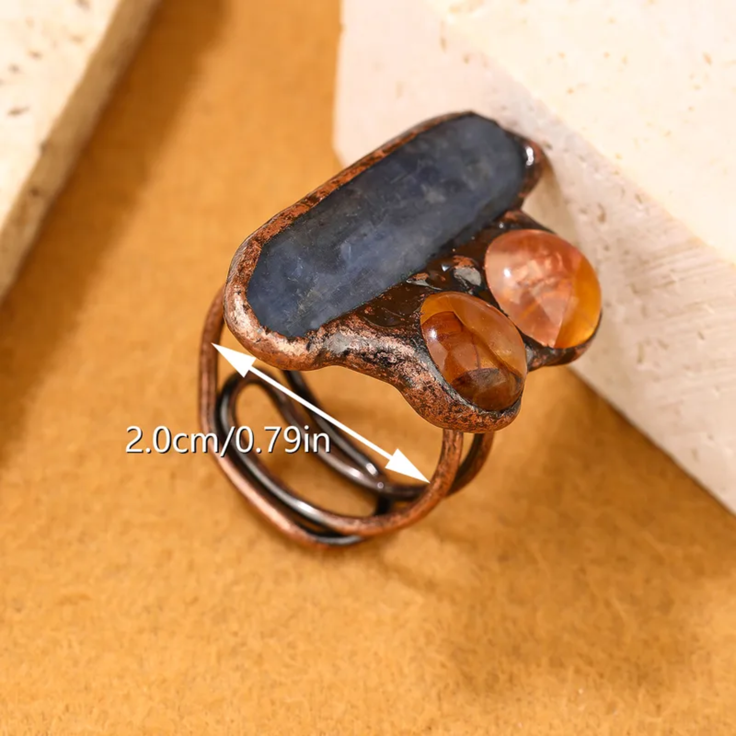 Blue Kyanite/Agate Crystal Open Ring – Handmade Copper Adjustable Statement Ring