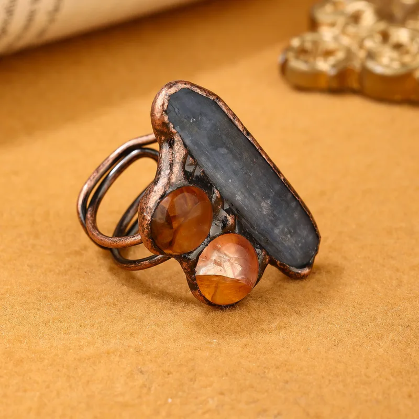 Blue Kyanite/Agate Crystal Open Ring – Handmade Copper Adjustable Statement Ring