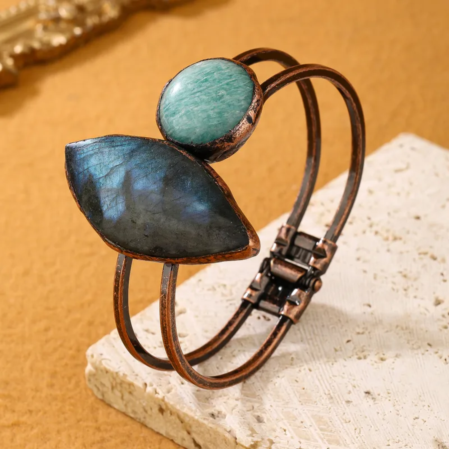 Labradorite/Amazonite Irregular Copper Bangle – Natural Stone Open Bracelet