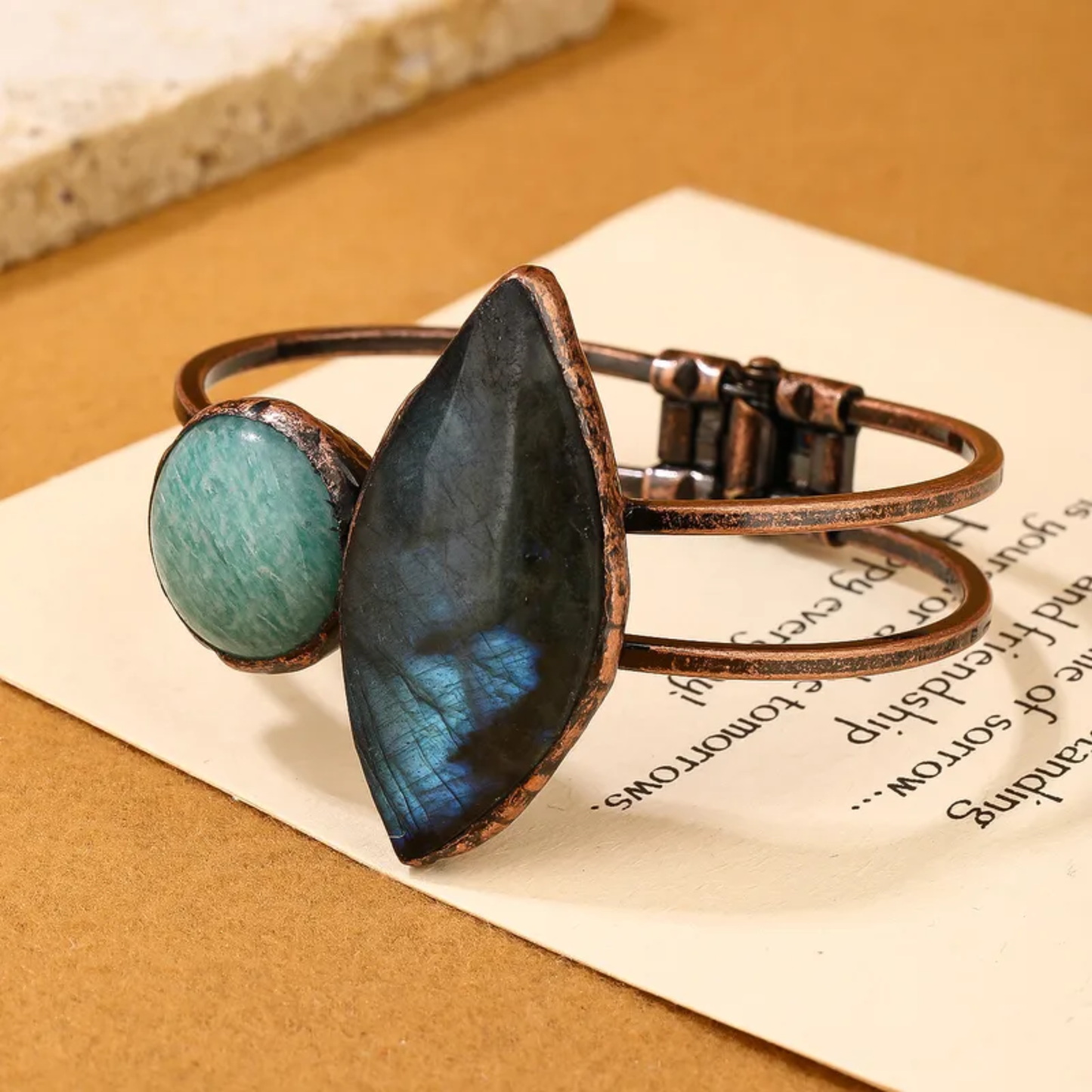 Labradorite/Amazonite Irregular Copper Bangle – Natural Stone Open Bracelet