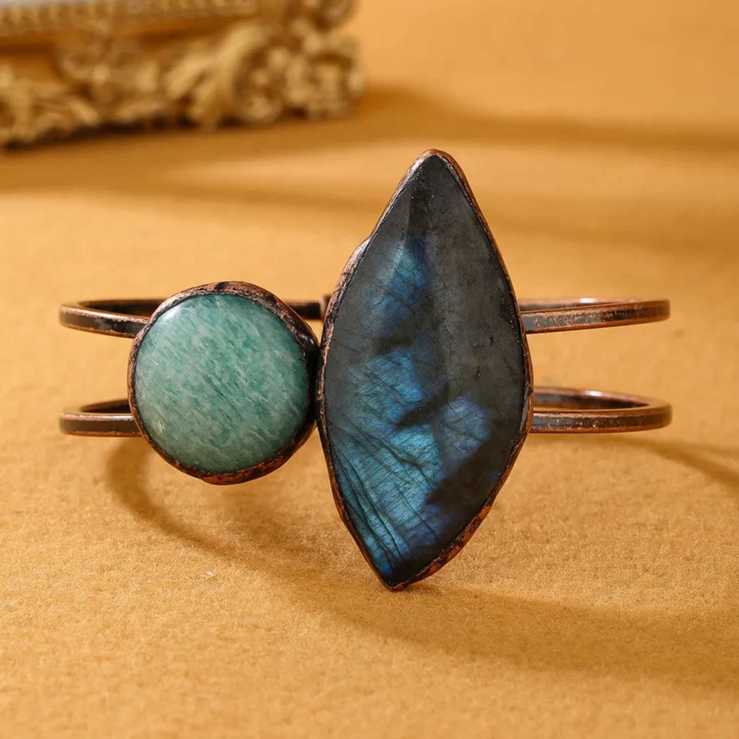 Labradorite/Amazonite Irregular Copper Bangle – Natural Stone Open Bracelet