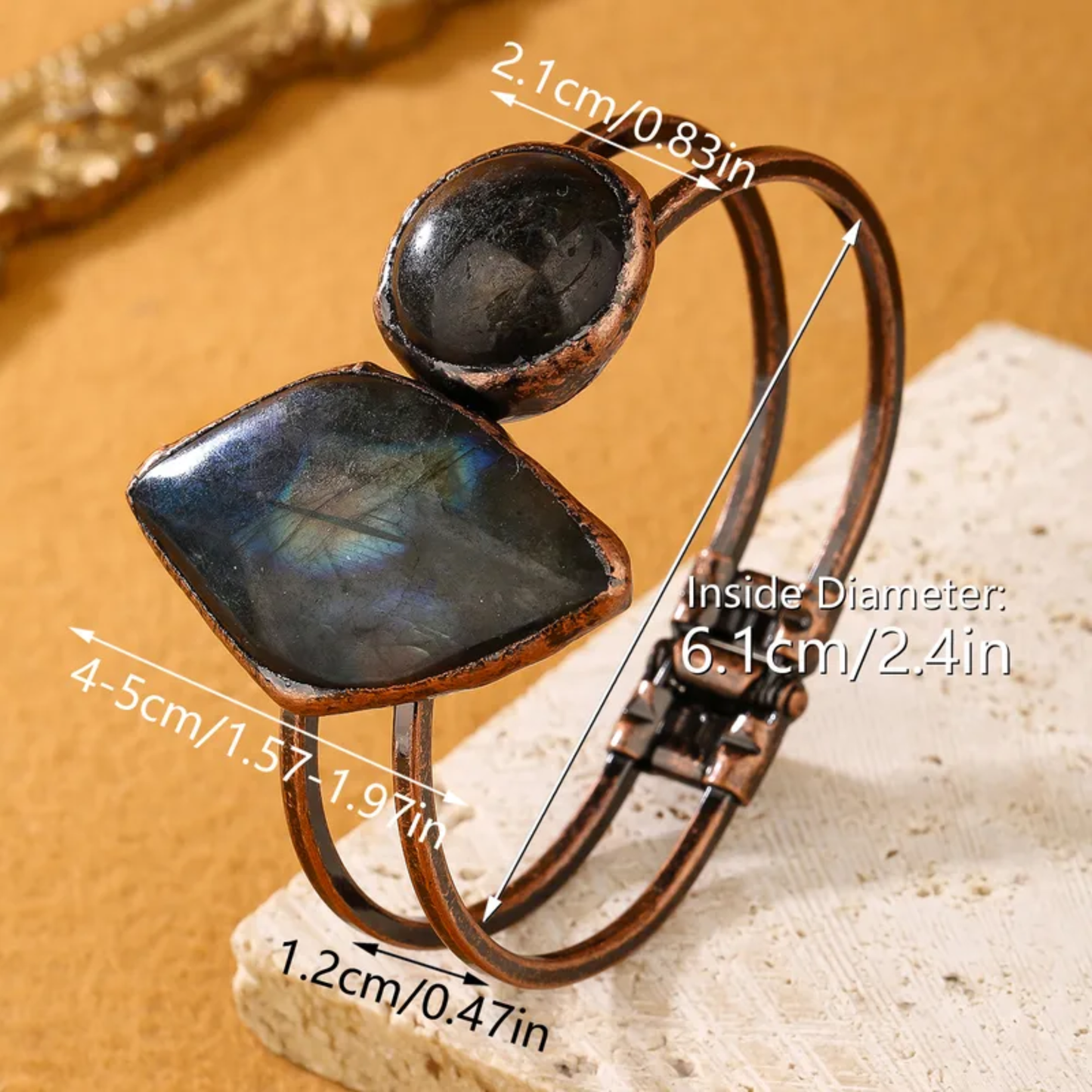 Labradorite/Amazonite Irregular Copper Bangle – Natural Stone Open Bracelet