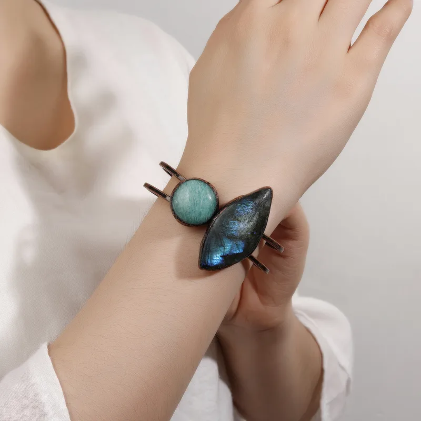 Labradorite/Amazonite Irregular Copper Bangle – Natural Stone Open Bracelet