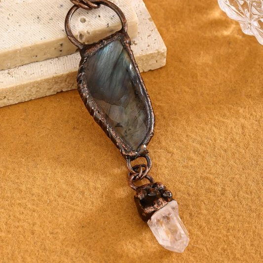 Labradorite With Hanging Quartz Point Copper Necklace