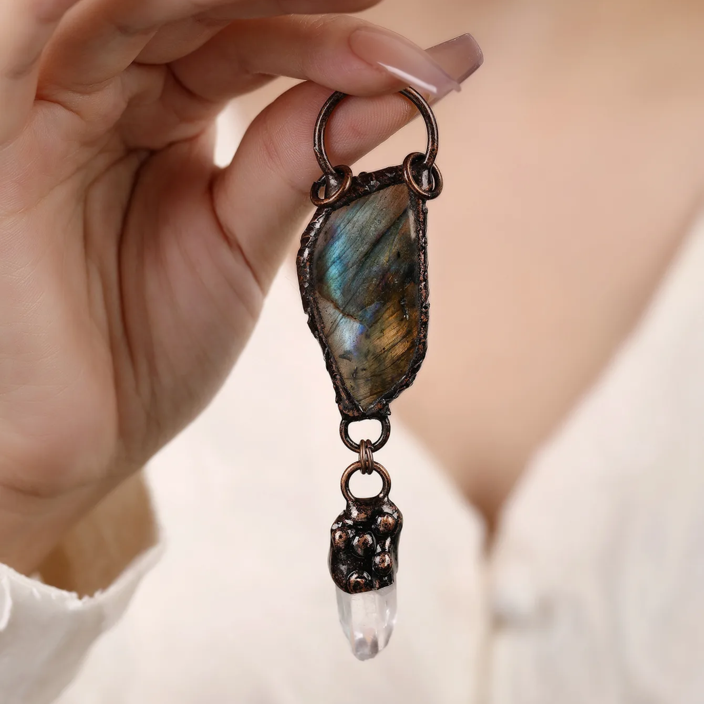Labradorite With Hanging Quartz Point Copper Necklace