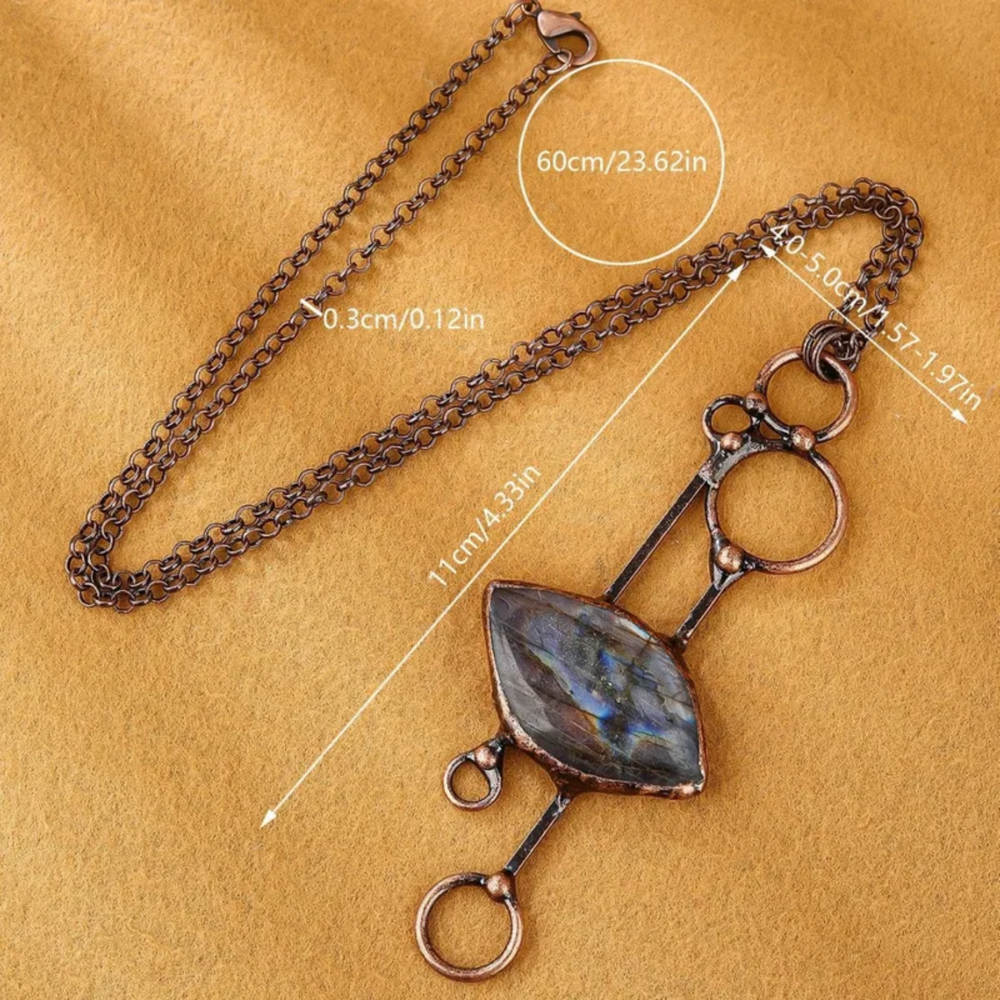 Ethnic Geometric Natural Stone Pendant Necklace – Handmade Copper Inlay Belcher Chain