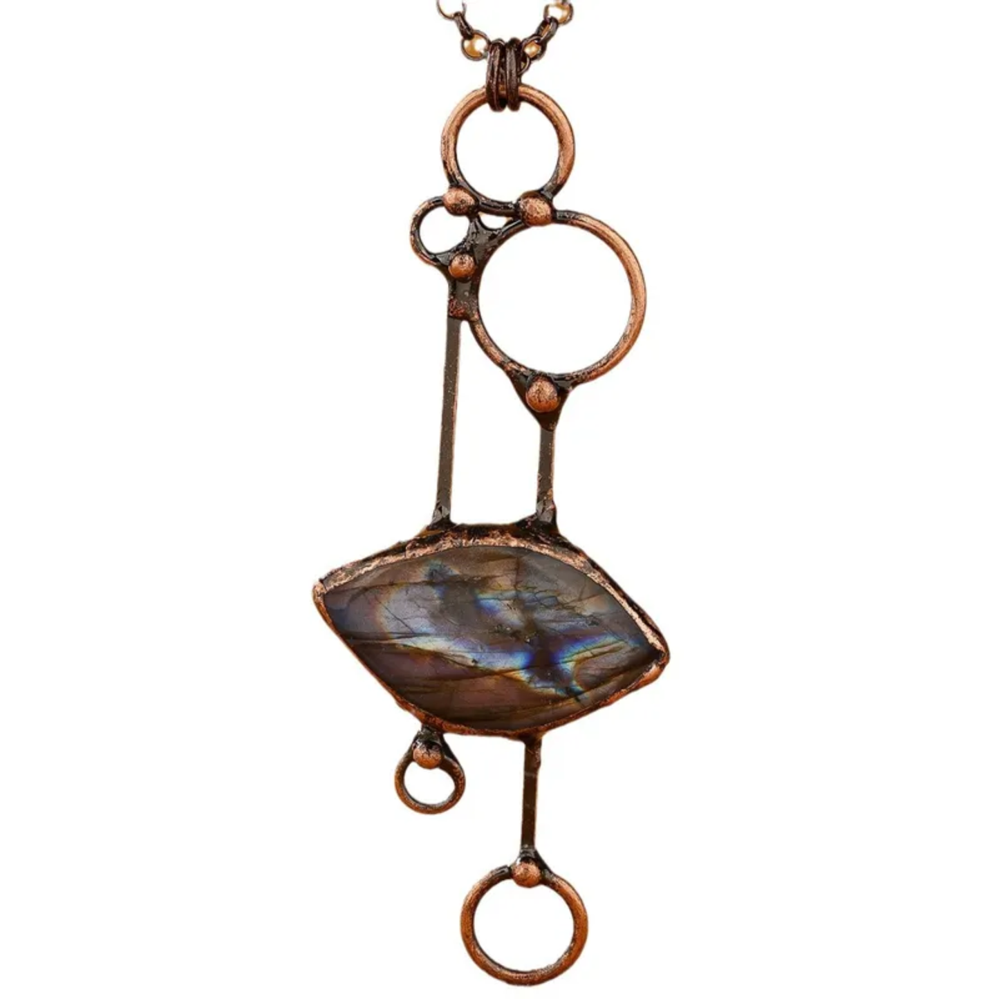 Ethnic Geometric Natural Stone Pendant Necklace – Handmade Copper Inlay Belcher Chain