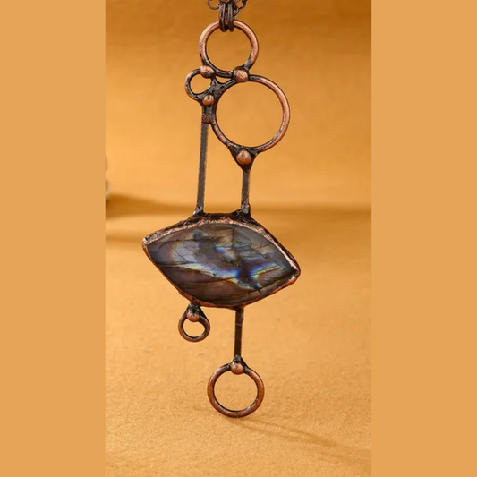 Ethnic Geometric Natural Stone Pendant Necklace – Handmade Copper Inlay Belcher Chain