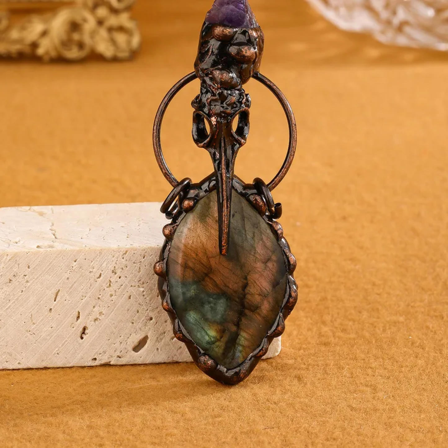 Labradorite Skull Pendant Necklace – Natural Crystal Statement Jewelry