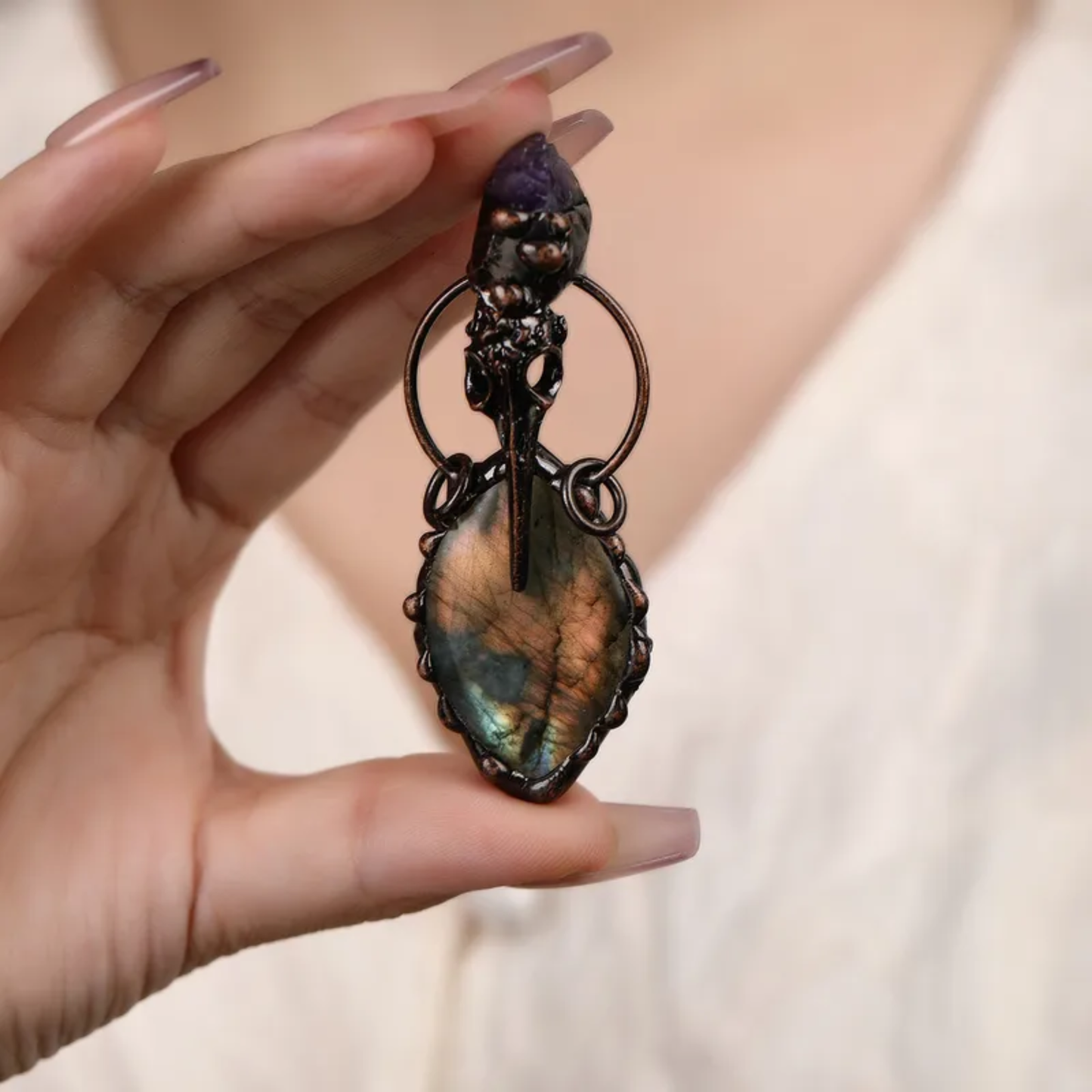 Labradorite Skull Pendant Necklace – Natural Crystal Statement Jewelry