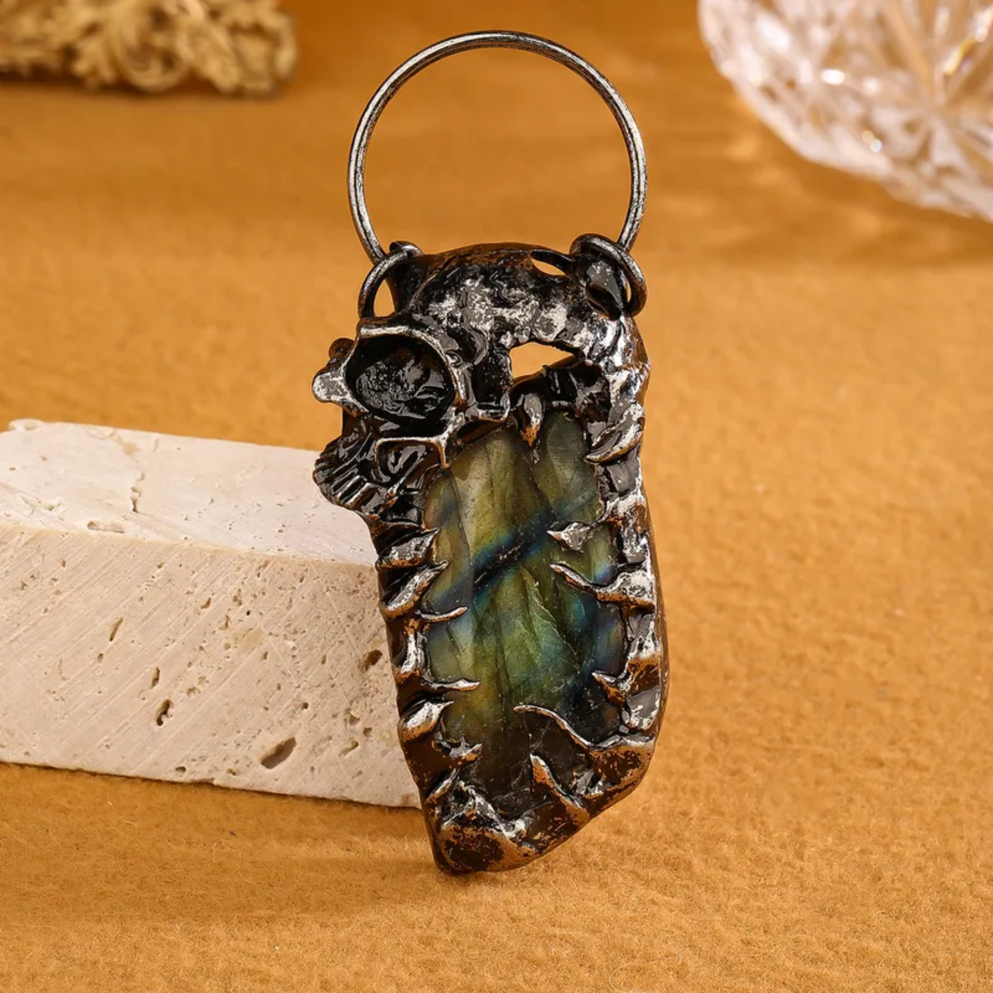 Labradorite Skull Pendant Necklace – Natural Crystal Statement Jewelry