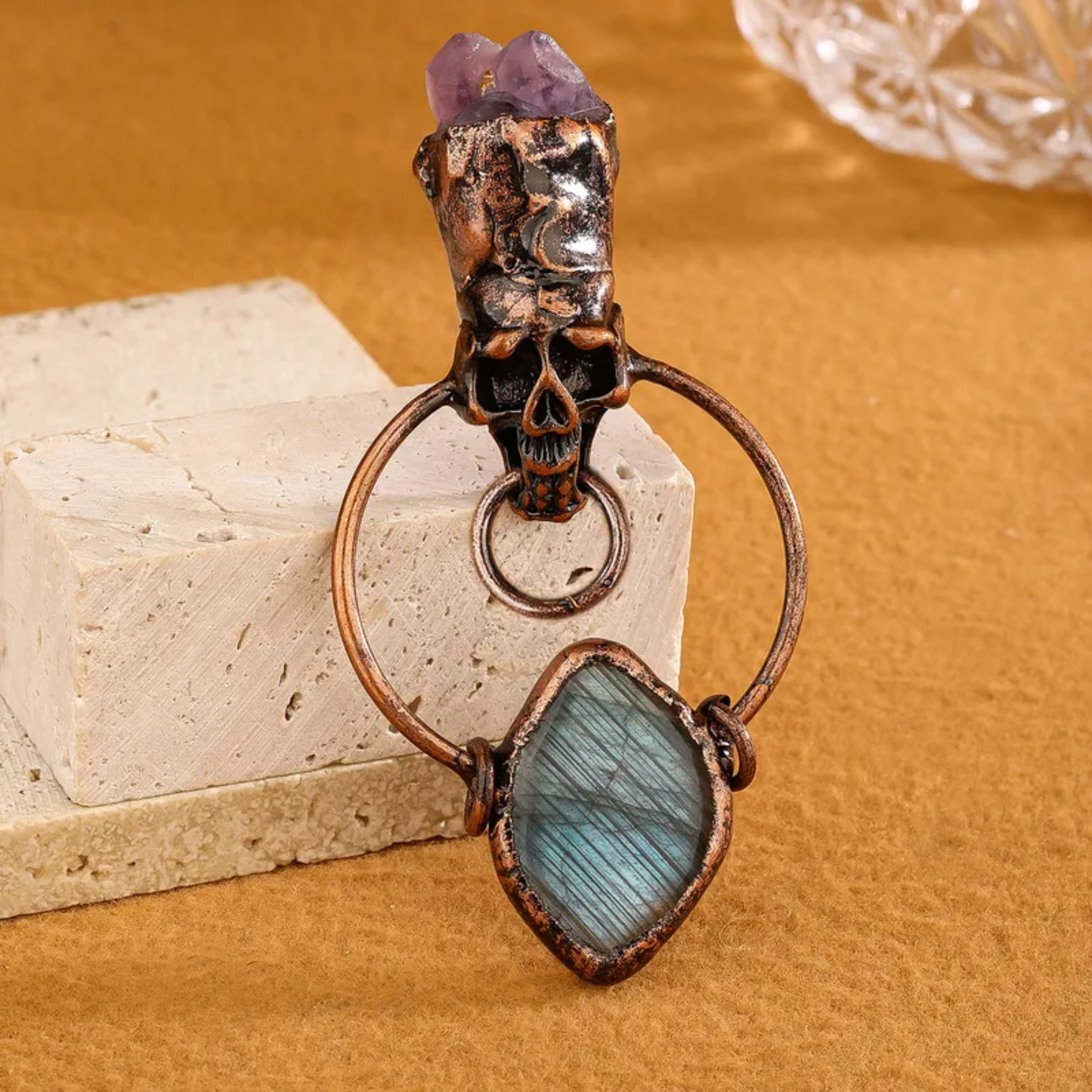 Labradorite Skull Pendant Necklace – Natural Crystal Statement Jewelry
