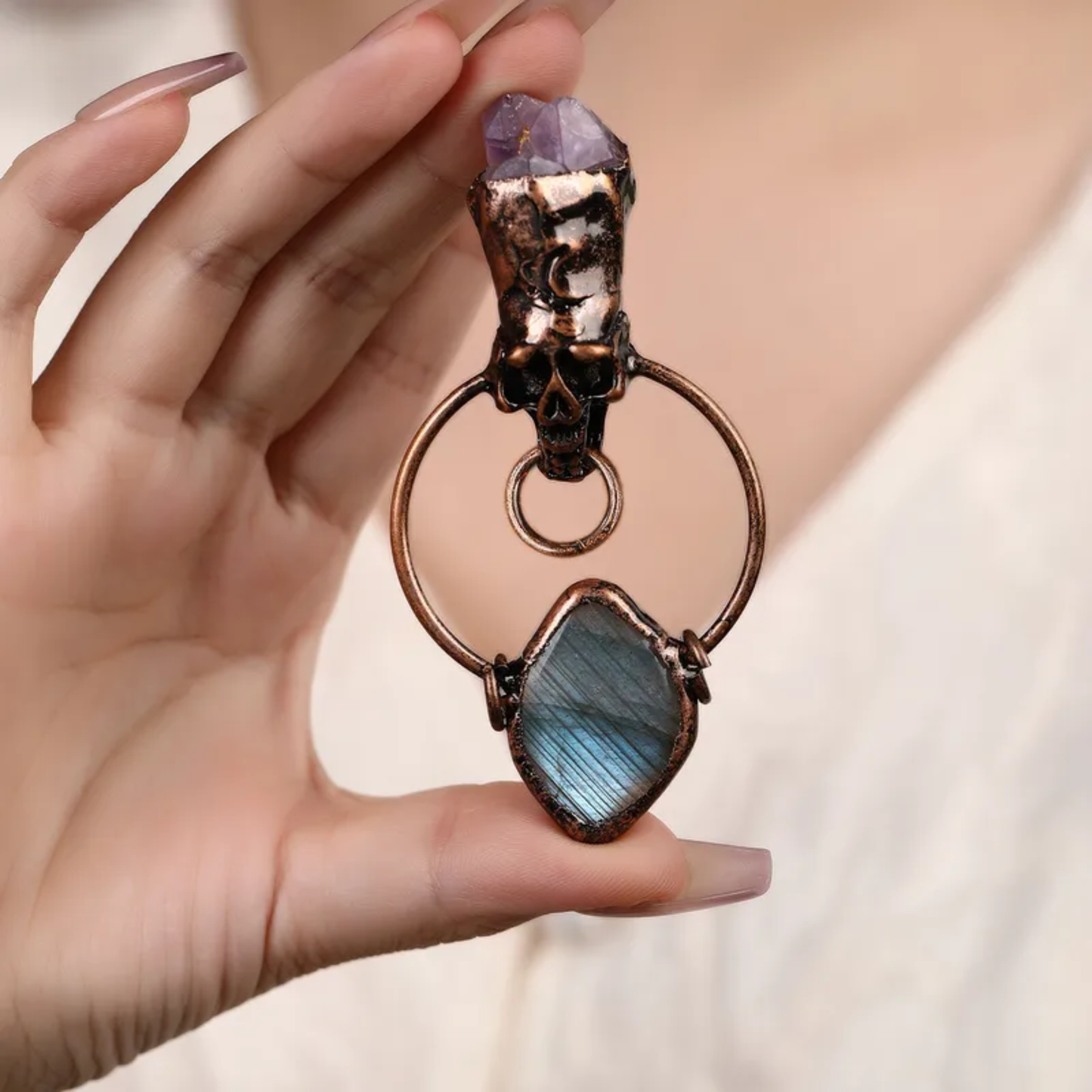 Labradorite Skull Pendant Necklace – Natural Crystal Statement Jewelry