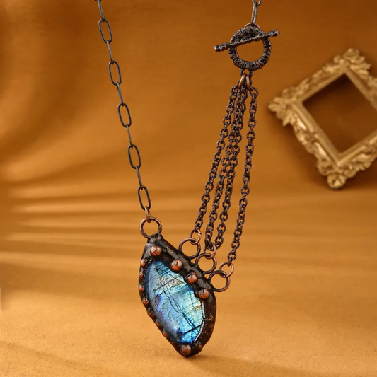 Triple Chain Labradorite Pendant Necklace – Handmade Irregular Copper Statement Piece