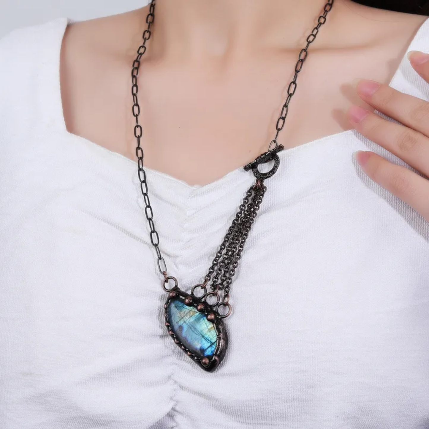 Triple Chain Labradorite Pendant Necklace – Handmade Irregular Copper Statement Piece