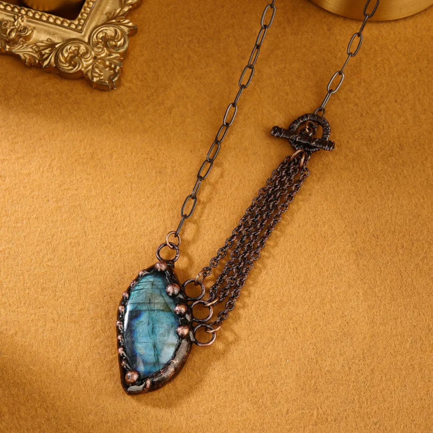 Triple Chain Labradorite Pendant Necklace – Handmade Irregular Copper Statement Piece