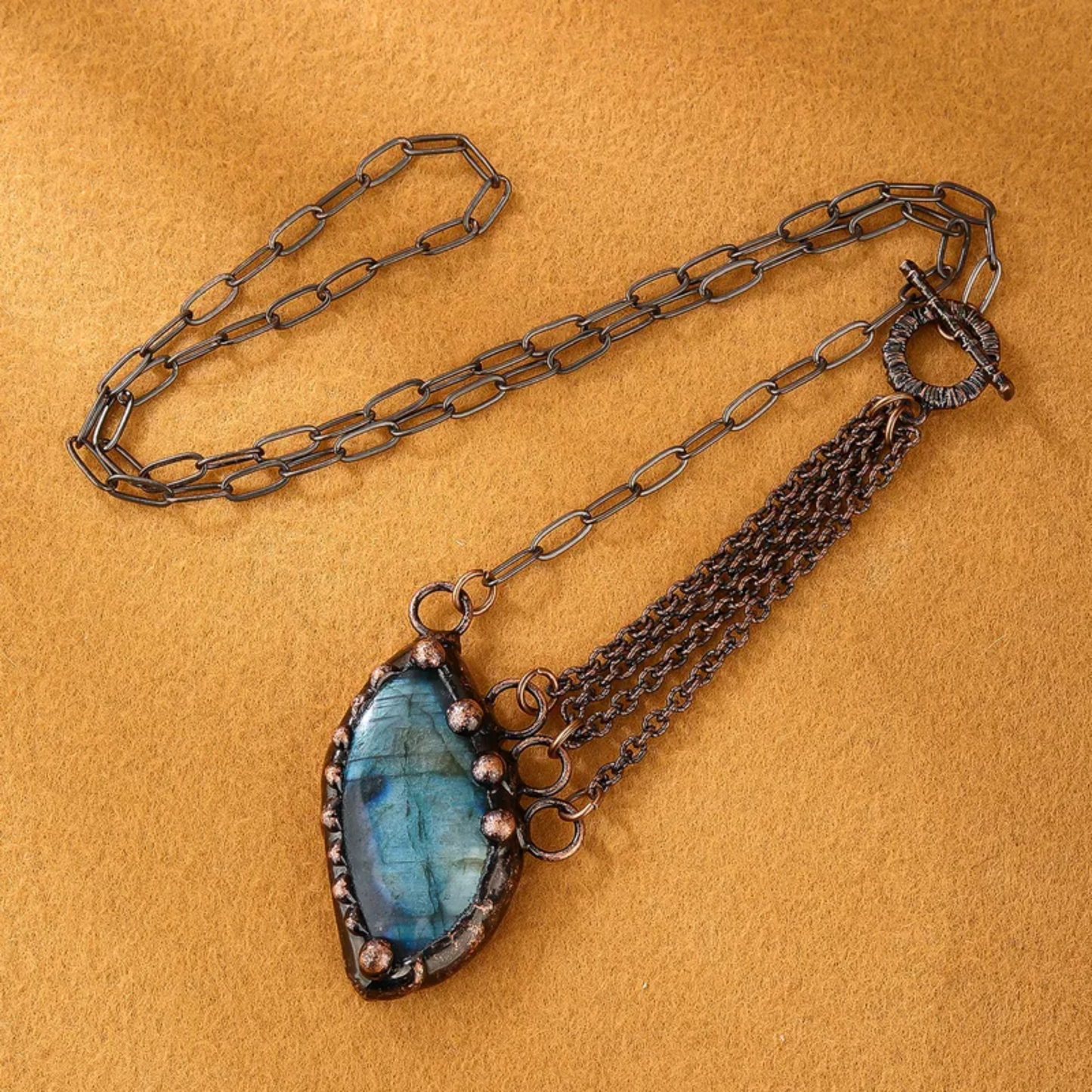 Triple Chain Labradorite Pendant Necklace – Handmade Irregular Copper Statement Piece