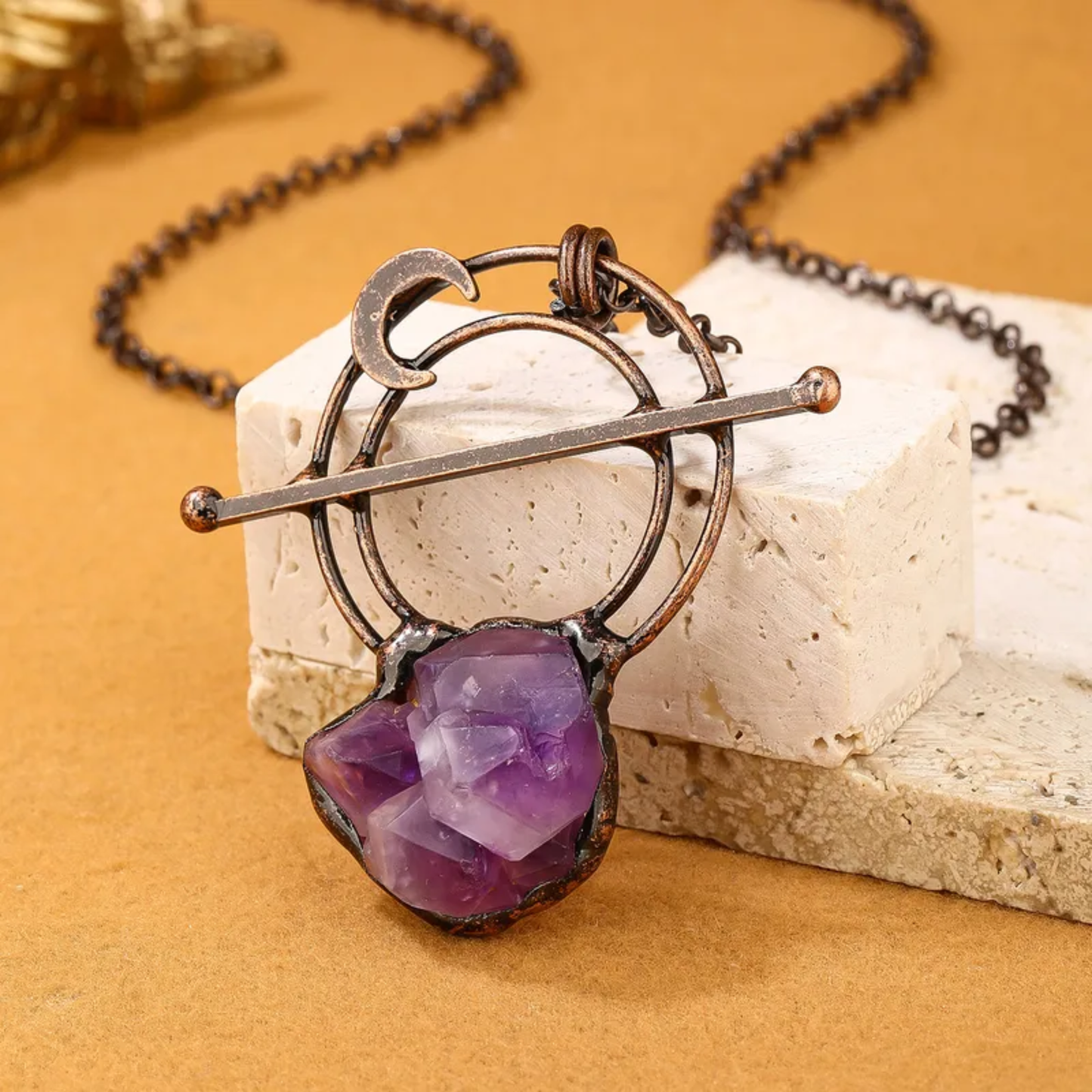 Amethyst Crystal Moon Pendant Necklace – Copper Natural Stone Jewelry