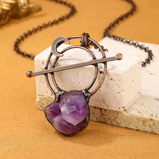 Amethyst Crystal Moon Pendant Necklace – Copper Natural Stone Jewelry