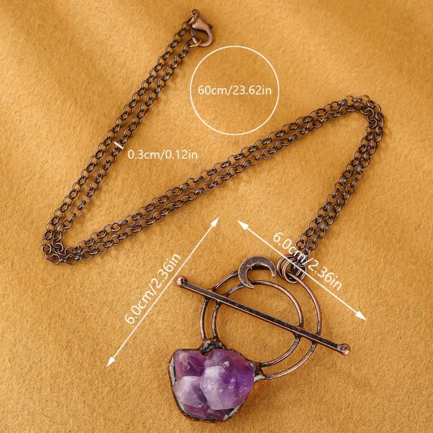 Amethyst Crystal Moon Pendant Necklace – Copper Natural Stone Jewelry